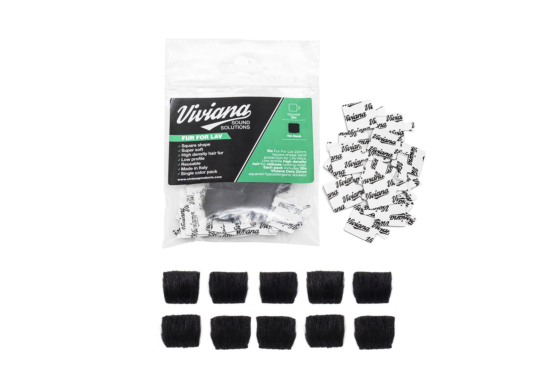 Black round fur pads, loose pieces and in a clear branded bag for Lav solutions