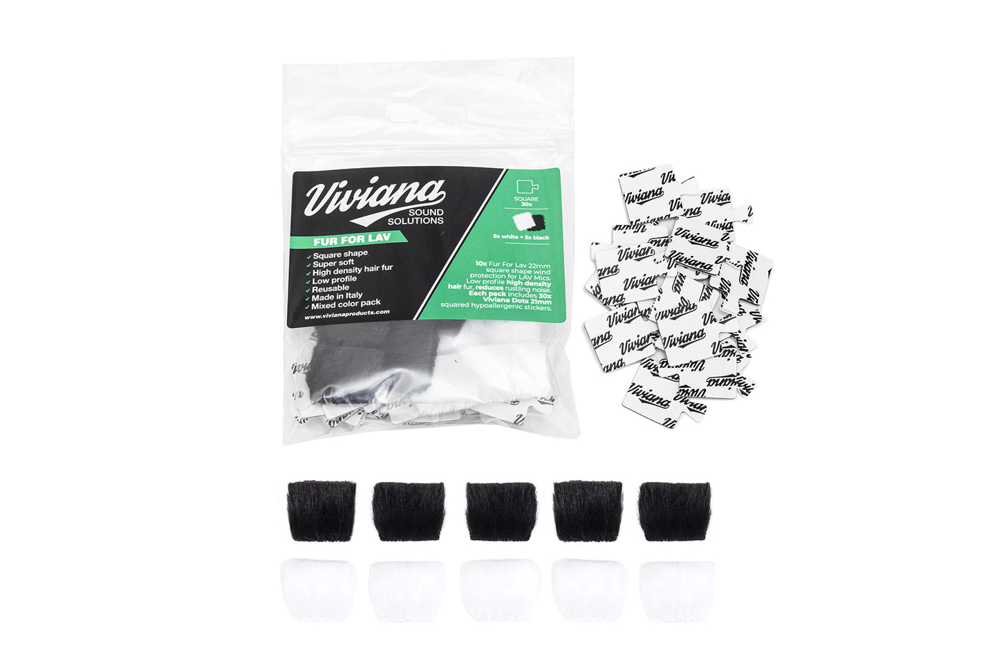 Black rectangular fur pads, with product bags and small sticker sheet