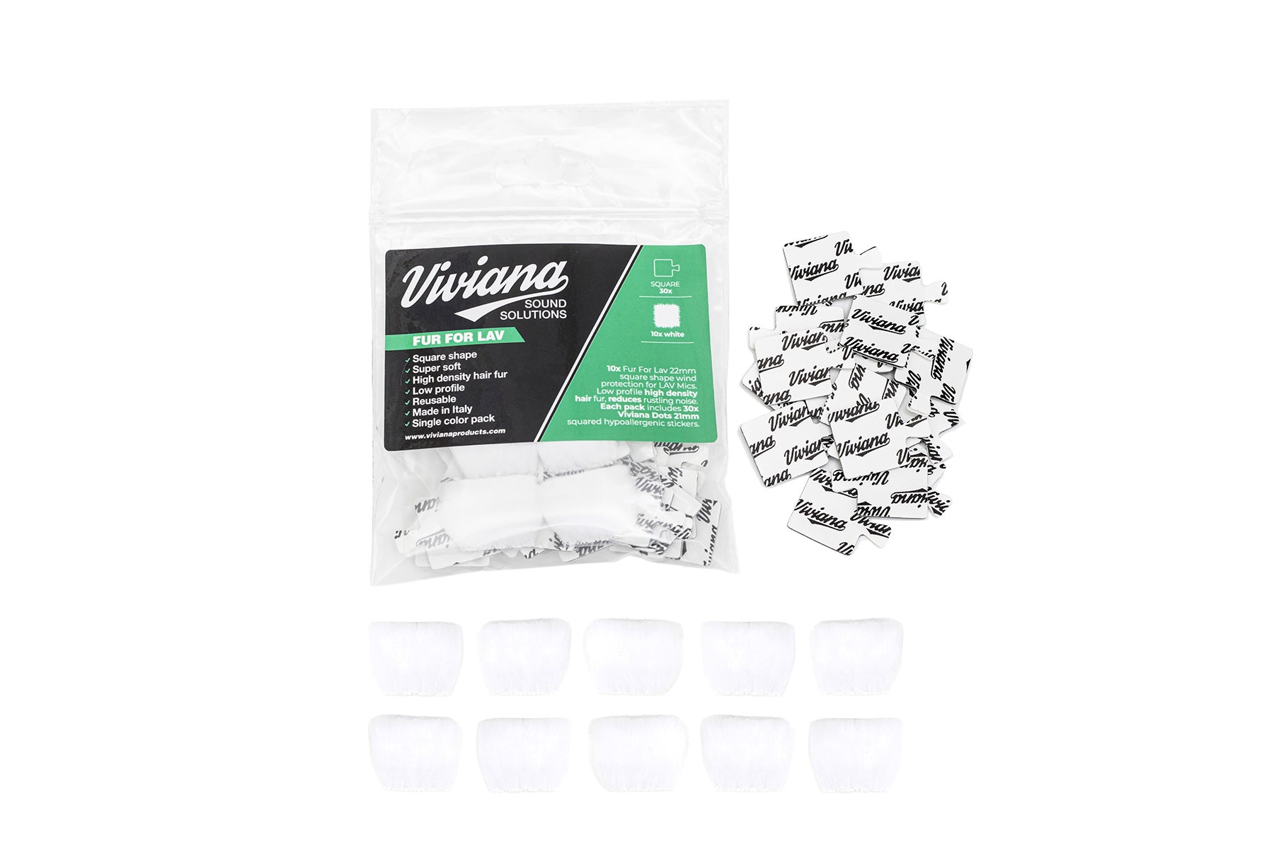 White round fur pads, loose pieces and in a clear branded bag for Lav solutions