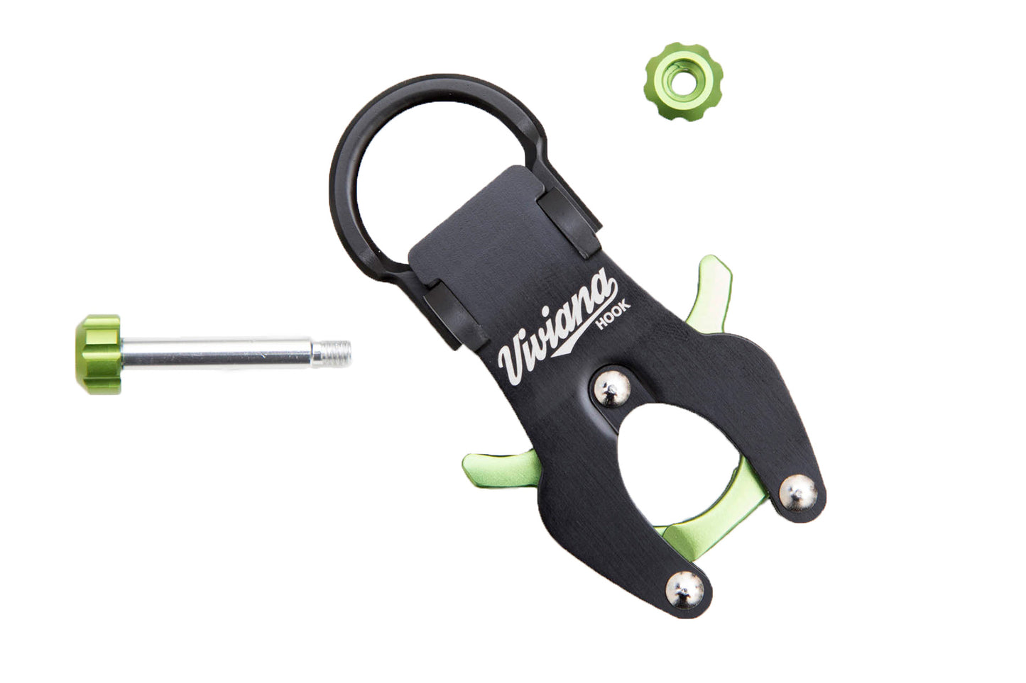 Green and black hook tool with U-shaped base, plus separate green and metal parts