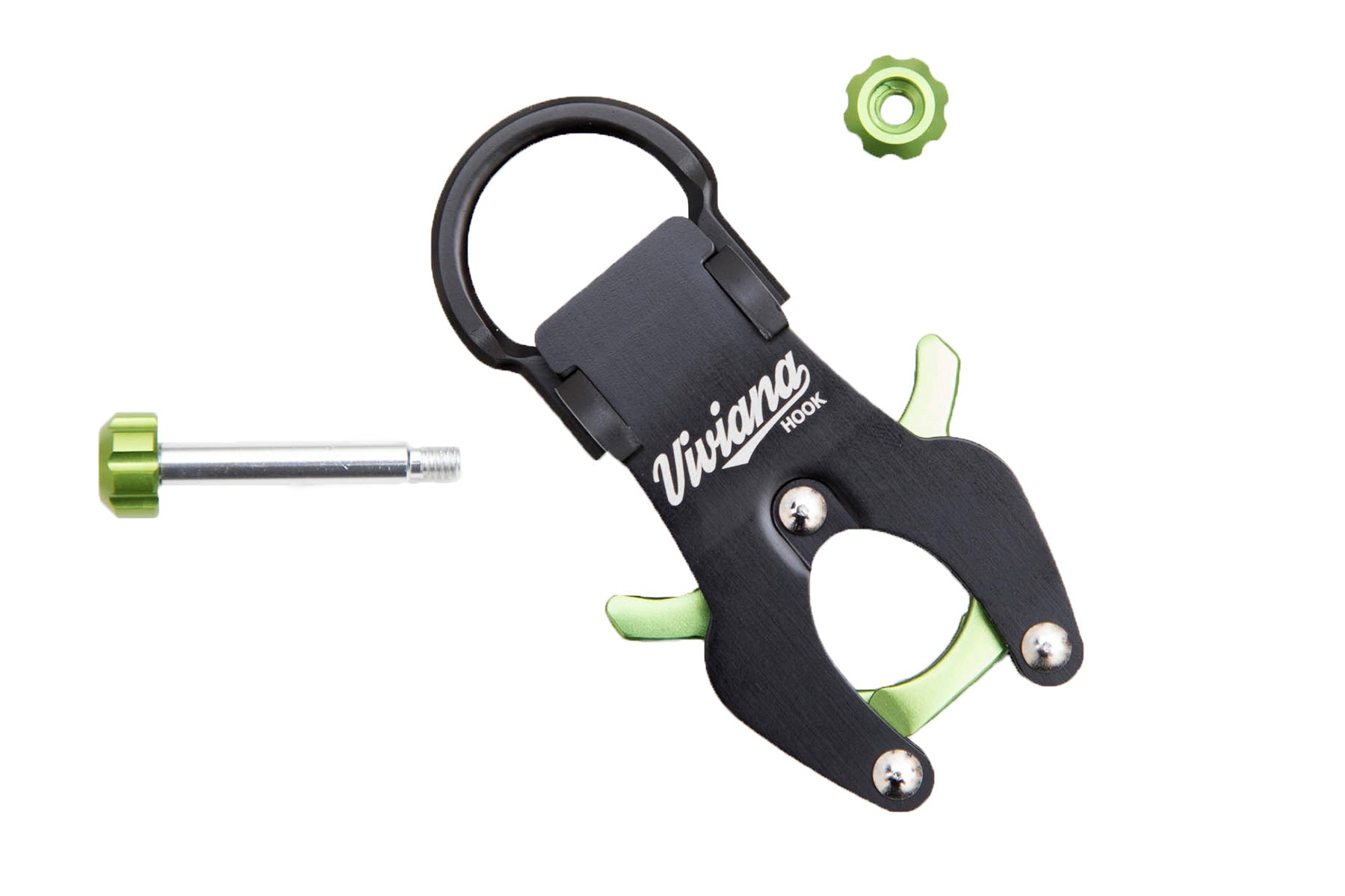 Green and black hook tool with U-shaped base, plus separate green and metal parts