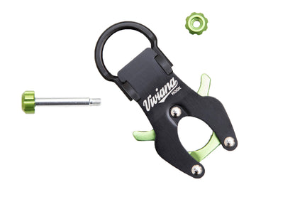 Green and black hook tool with U-shaped base, plus separate green and metal parts