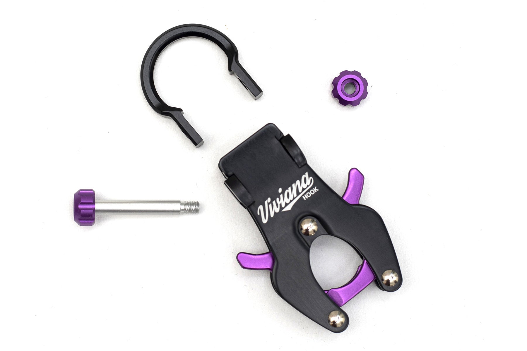 Purple and black hook tool with U-shaped base, plus separate purple and metal parts