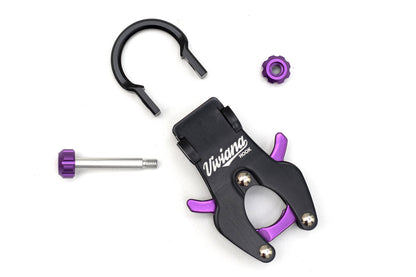 Purple and black hook tool with U-shaped base, plus separate purple and metal parts