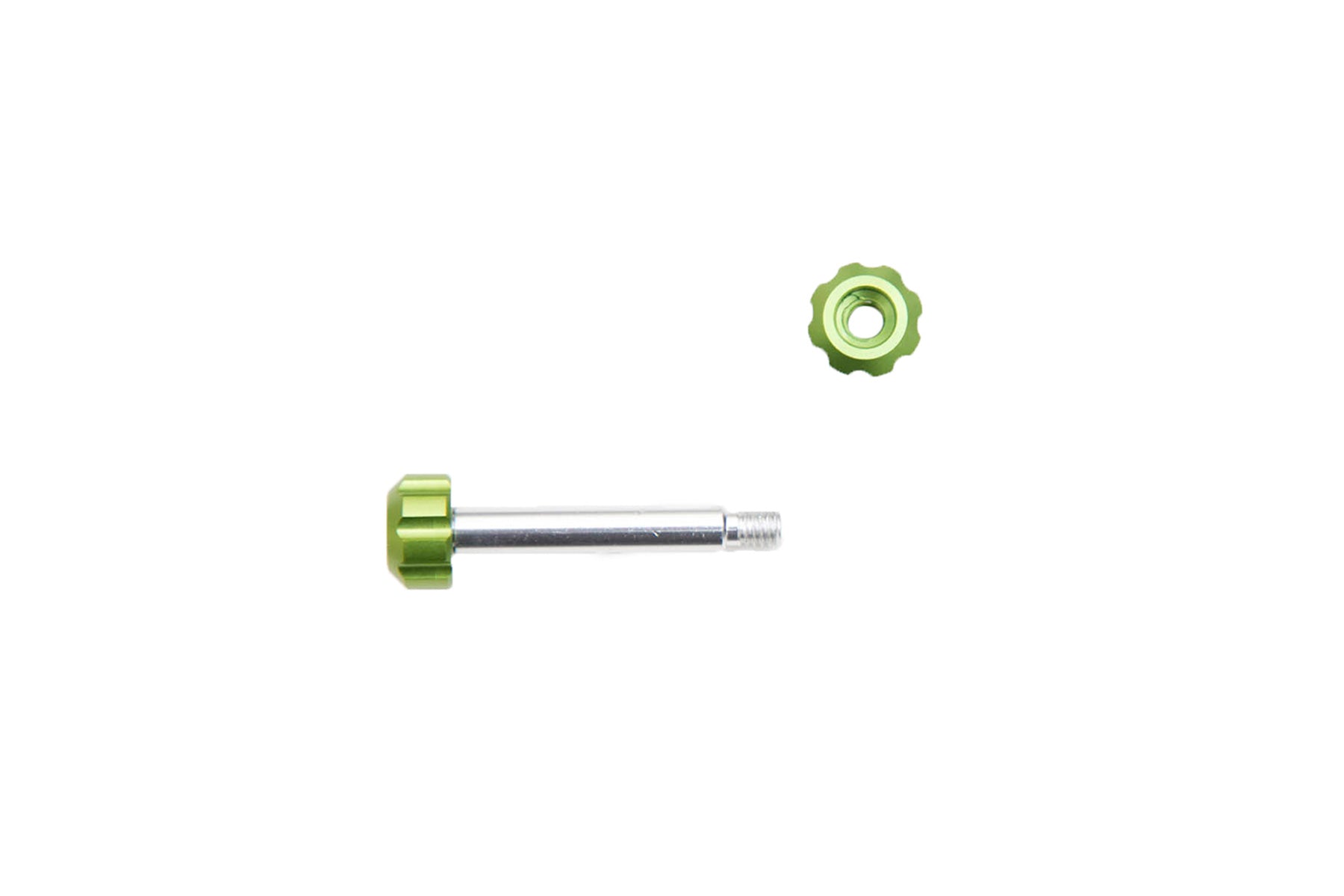 Green replacement screw with silver shaft and knurled cap, small metal washer