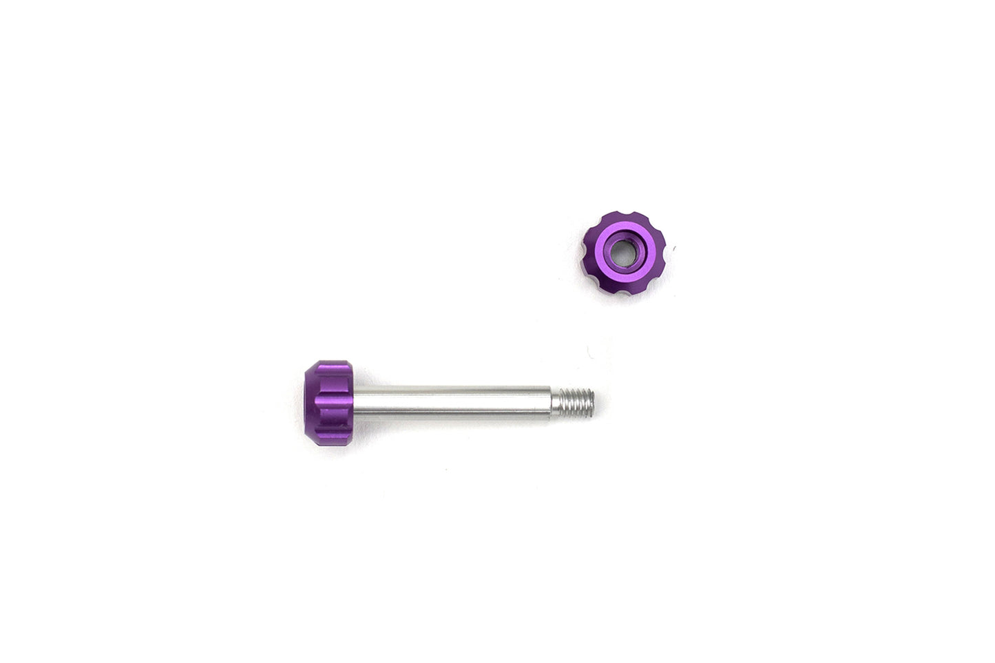 Purple replacement screw with silver shaft and knurled cap, small metal washer