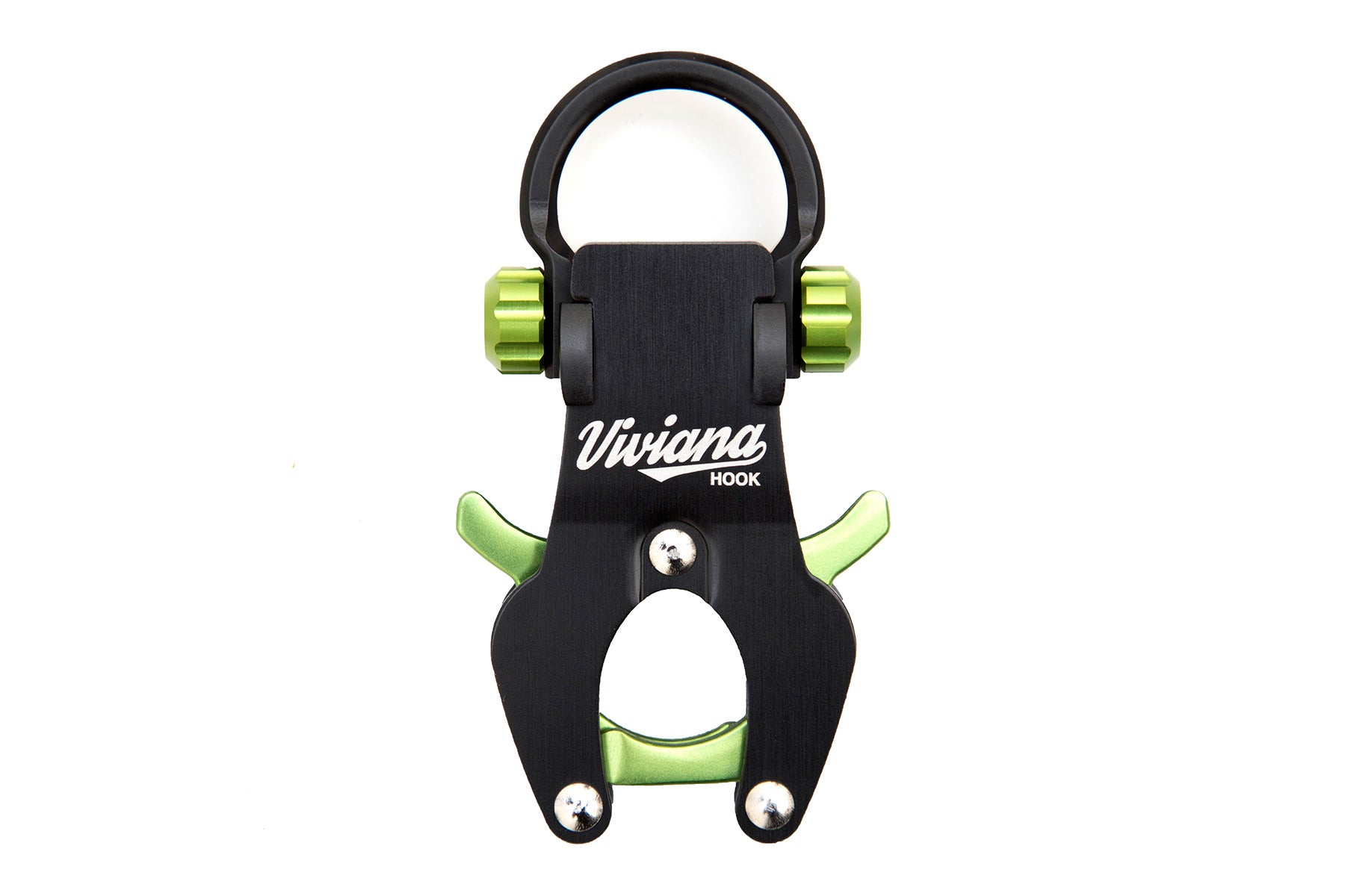 Green and black hook tool with U-shaped base and side clamps, two metal screw heads