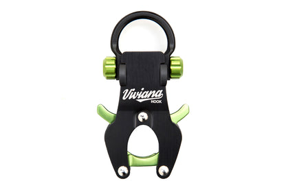 Green and black hook tool with U-shaped base and side clamps, two metal screw heads