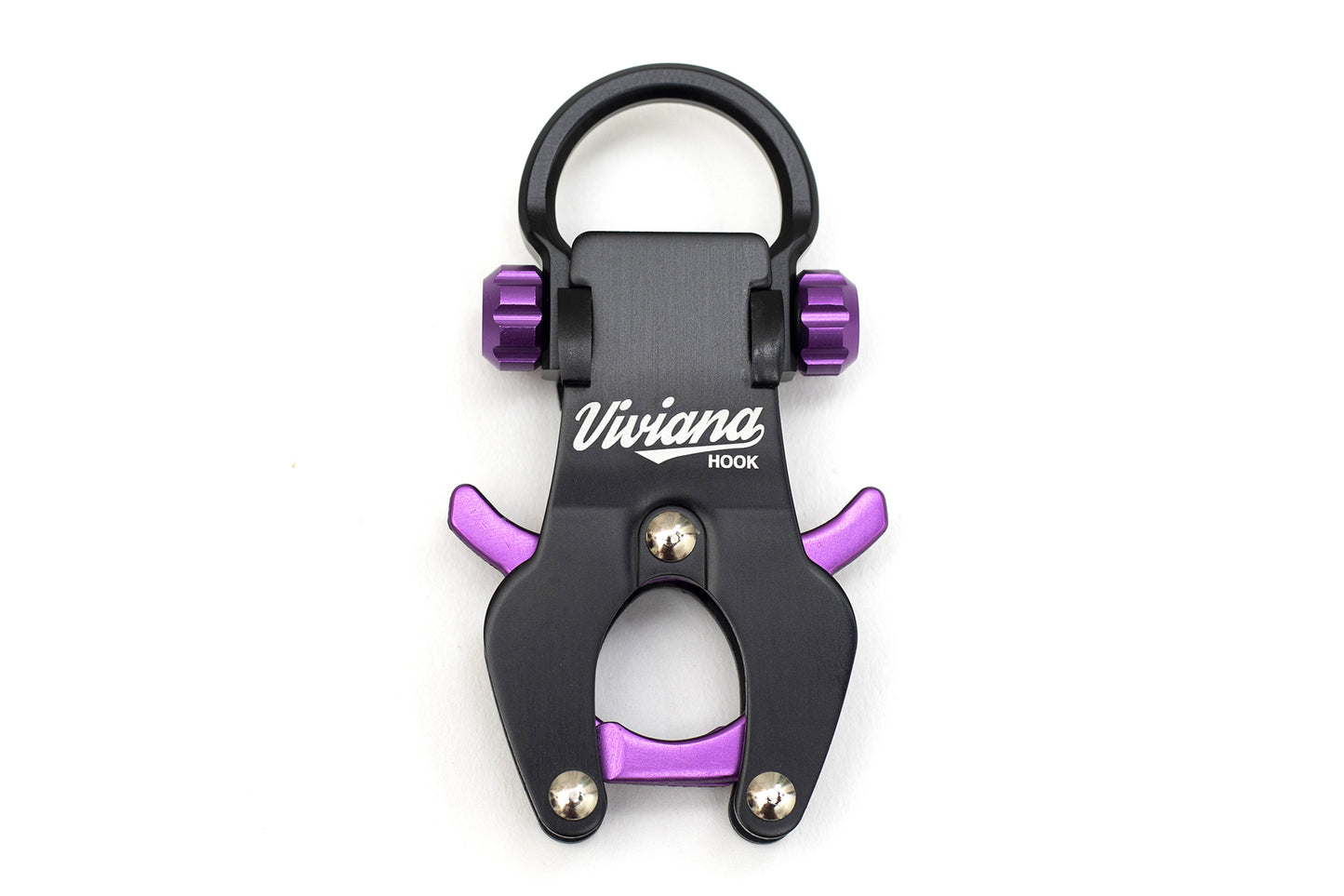 Purple and black hook tool with U-shaped base and side clamps, two metal screw heads