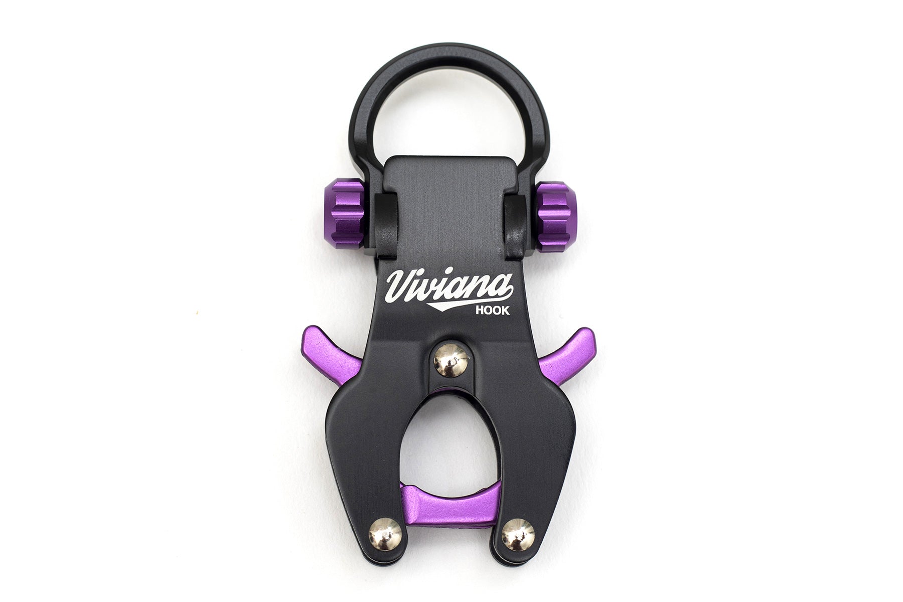 Purple and black hook tool with U-shaped base and side clamps, two metal screw heads