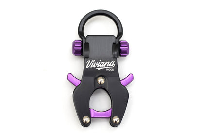 Purple and black hook tool with U-shaped base and side clamps, two metal screw heads