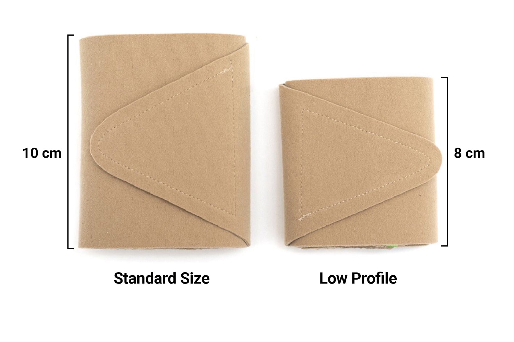 Beige thigh straps: standard and low profile with size markings