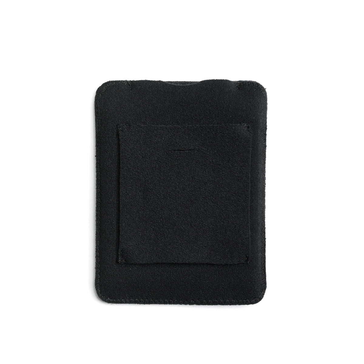 Black puffy belt pouch with inner patch panel and stitched square frame.
