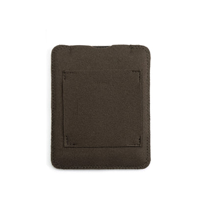 Dark brown puffy belt pouch with inner patch panel and stitched edges.