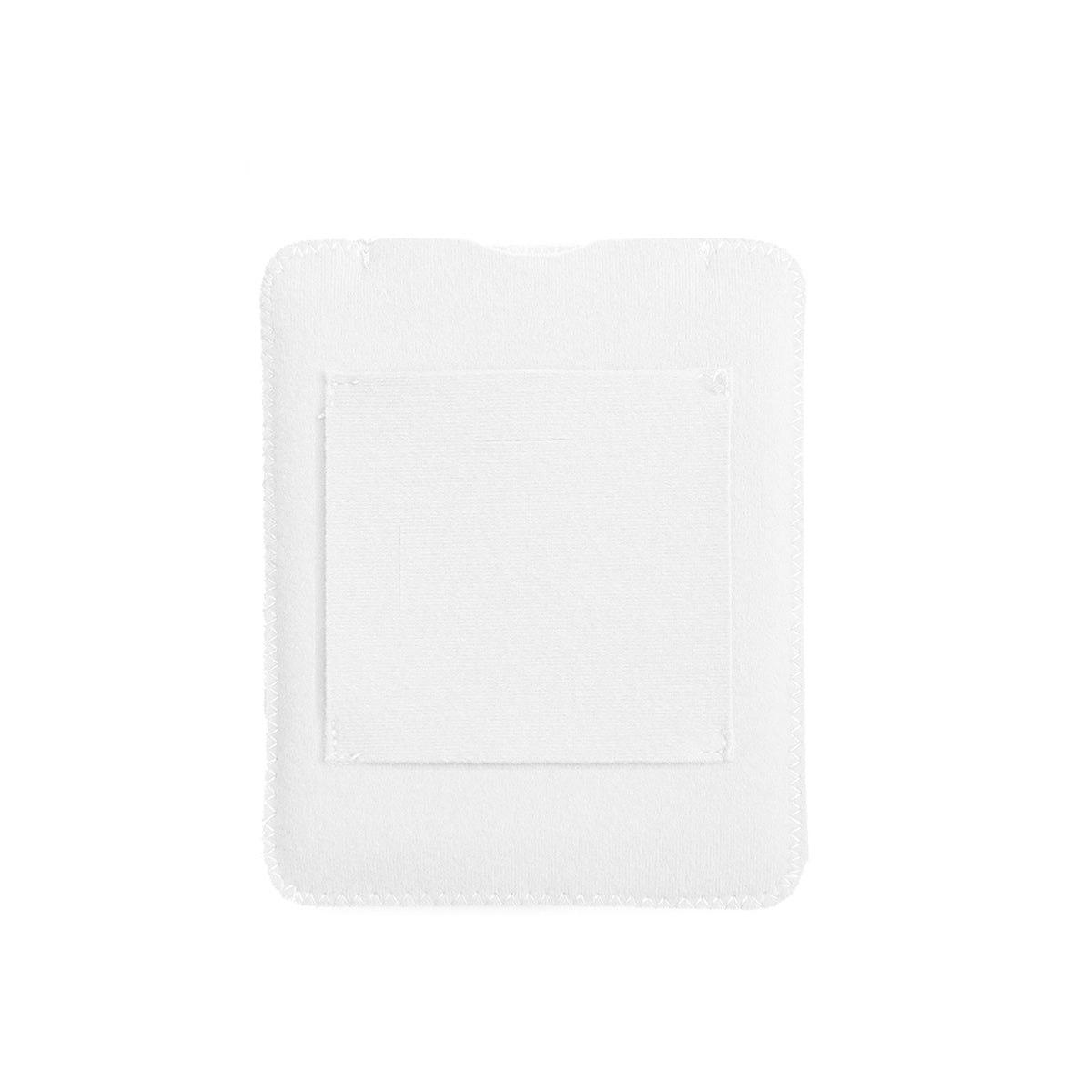 White puffy belt pouch with inner patch panel and stitched square outline.