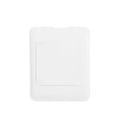White puffy belt pouch with inner patch panel and stitched square outline.