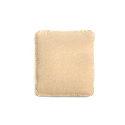 Beige puffy pouch with stitched edges, smooth back view