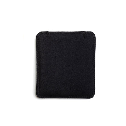 Black puffy belt pouch, square felt-style pouch with stitched border and rounded corners.