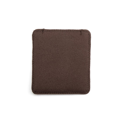 Brown puffy belt pouch, square felt-style pouch with stitched border and rounded corners.