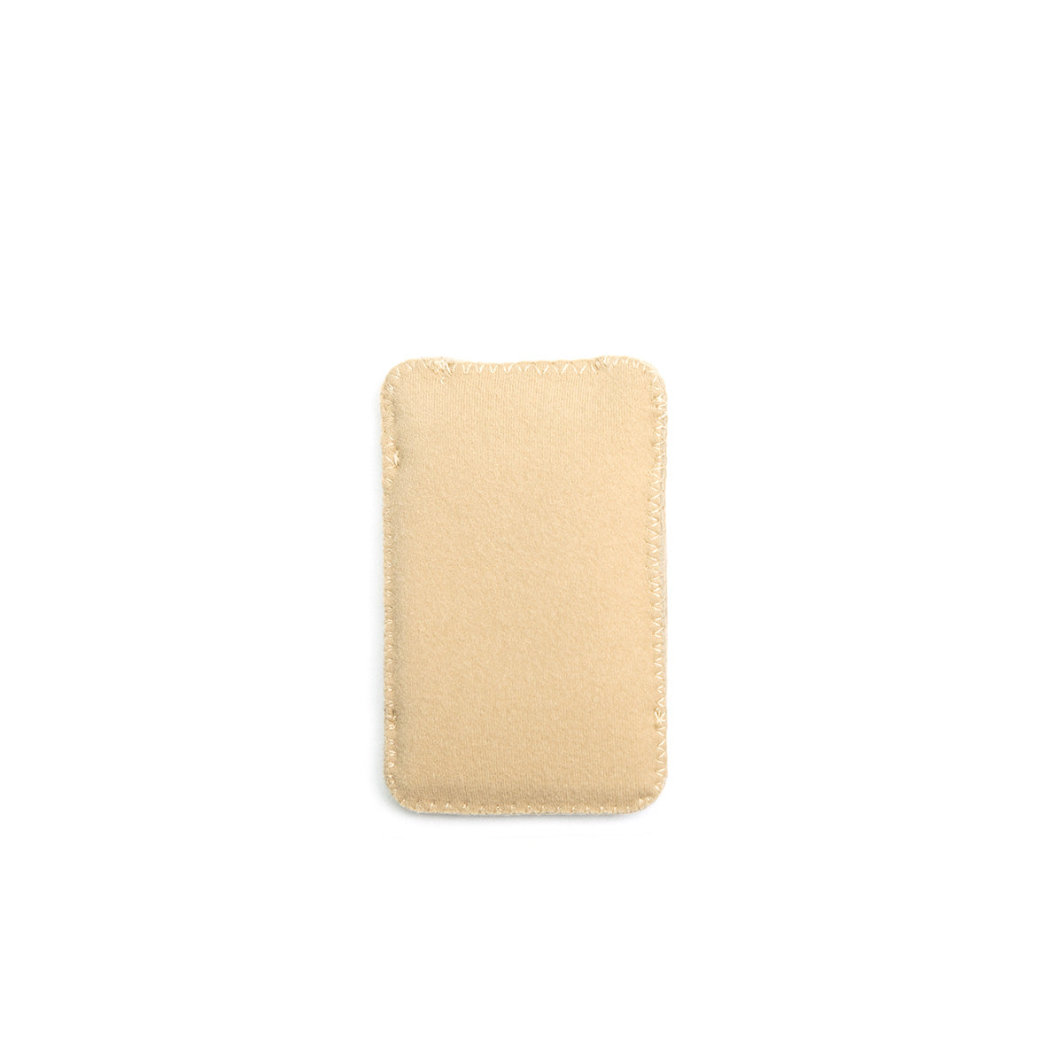 Light beige puffy pouch with stitched edges and compact square shape