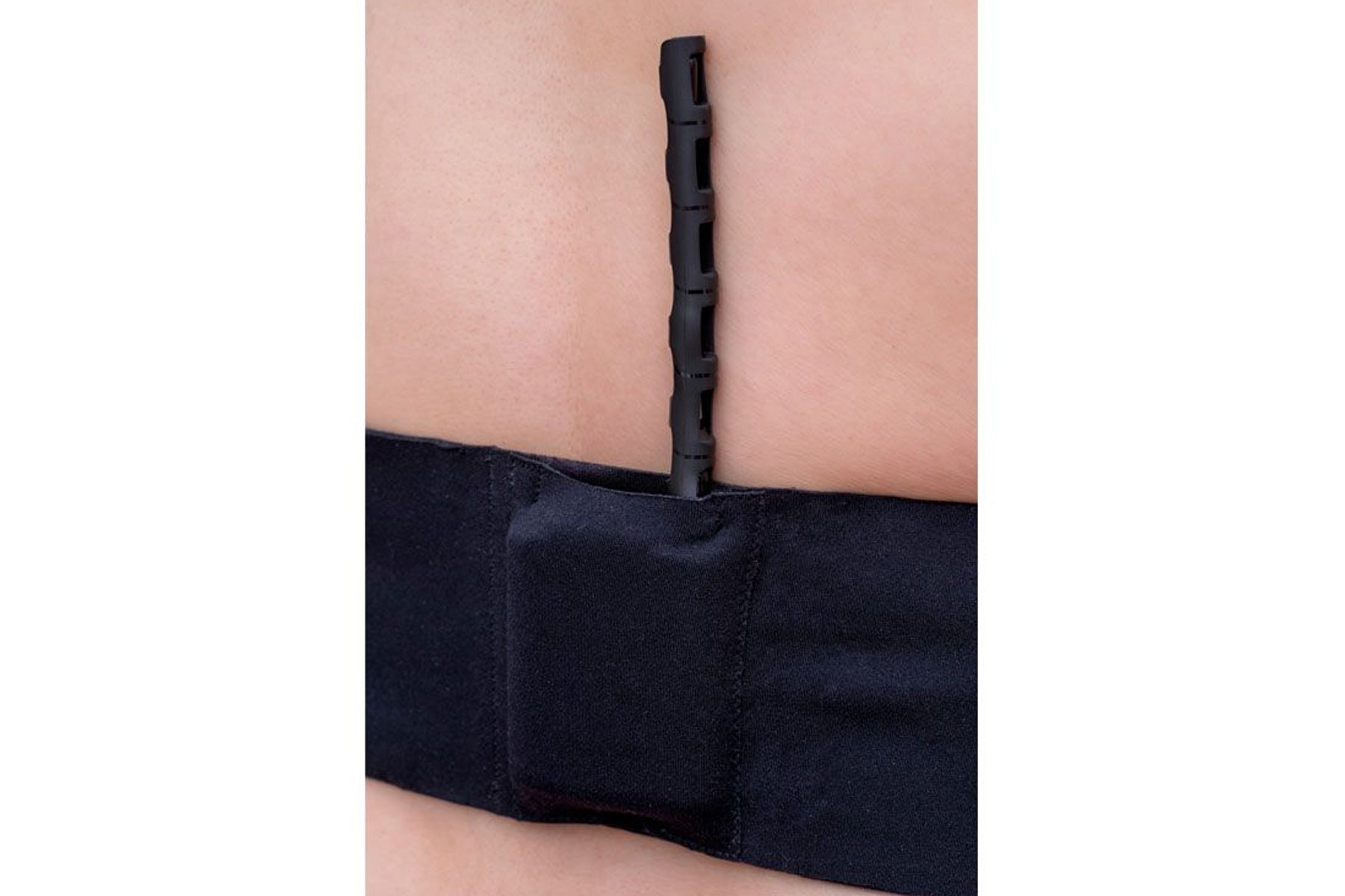 RF Saver black strap band with a central upright connector on a person’s arm