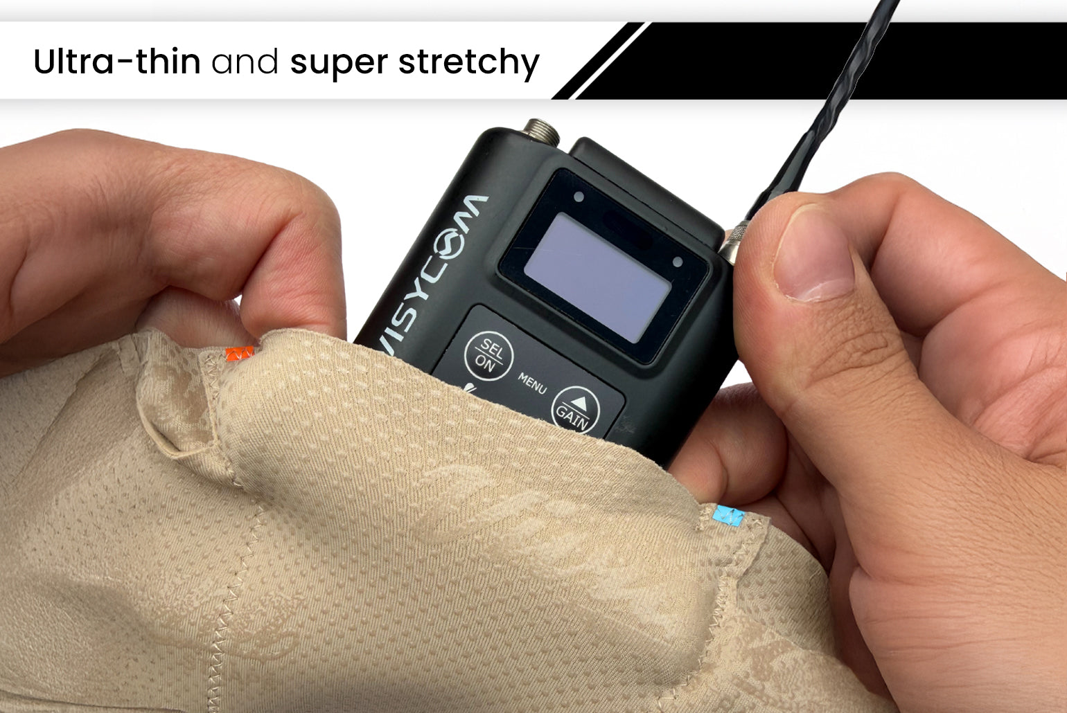 Beige ultra-thin thigh strap with hook-and-loop closure, being adjusted