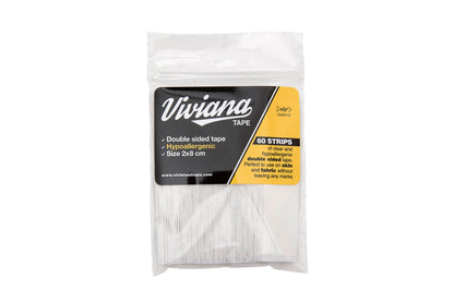 Packaged double-sided tape with 60 strips, size 2 x 8 cm