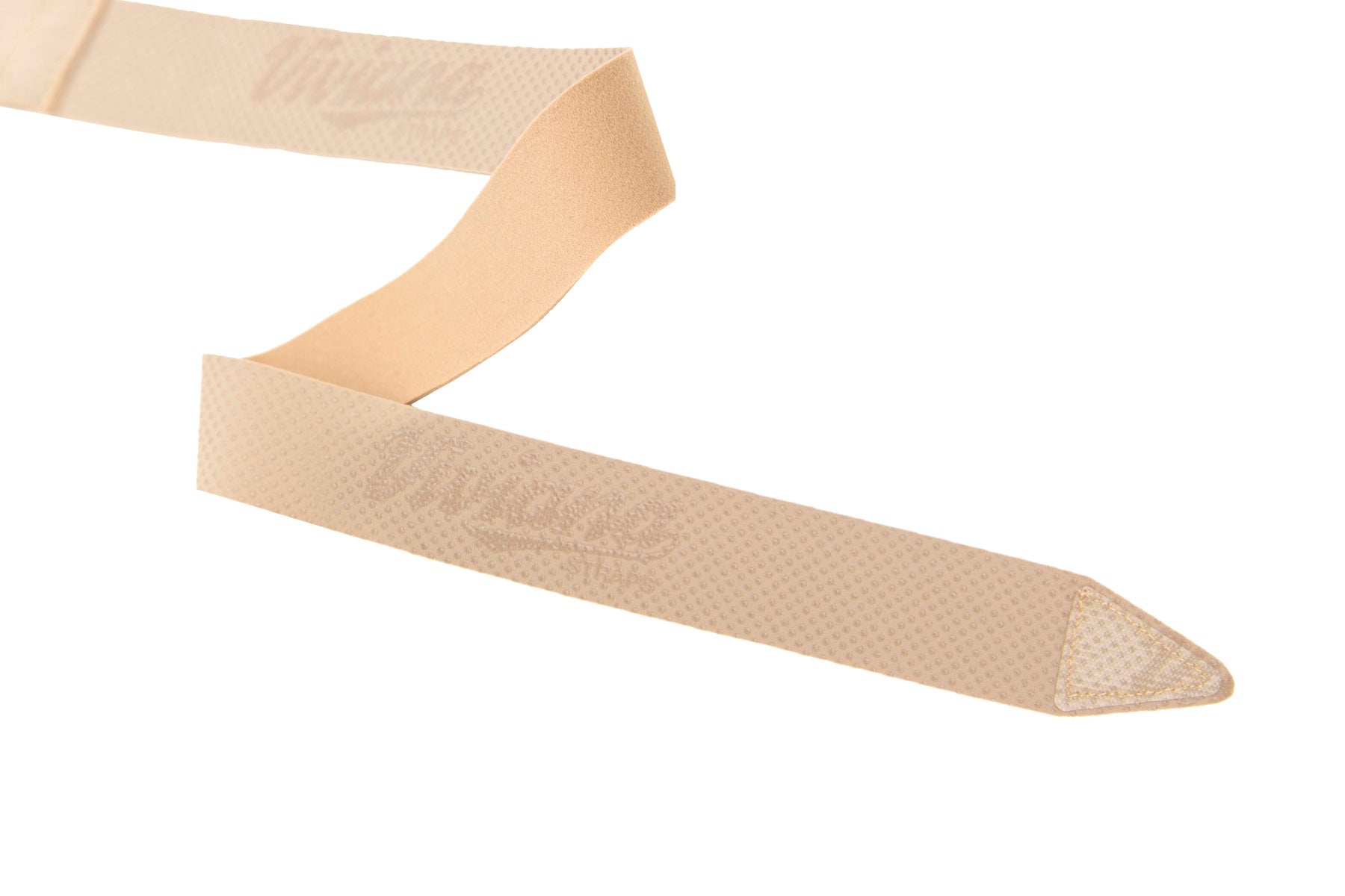 Beige chest strap with tapered end and textured surface