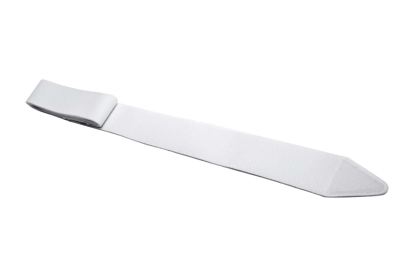 White chest strap with tapered end and hook-and-loop surface