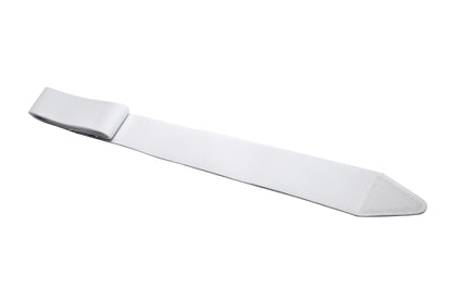 White chest strap with tapered end and hook-and-loop surface