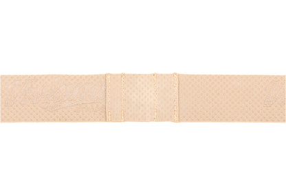 Beige chest strap section with segmented hook-and-loop grip strips