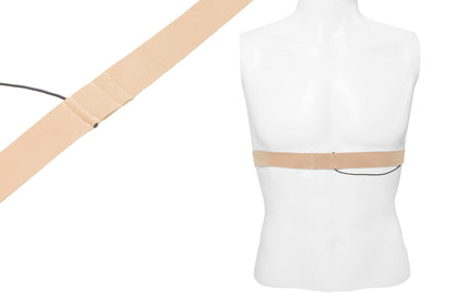 Beige chest strap worn on mannequin torso, adjustable band