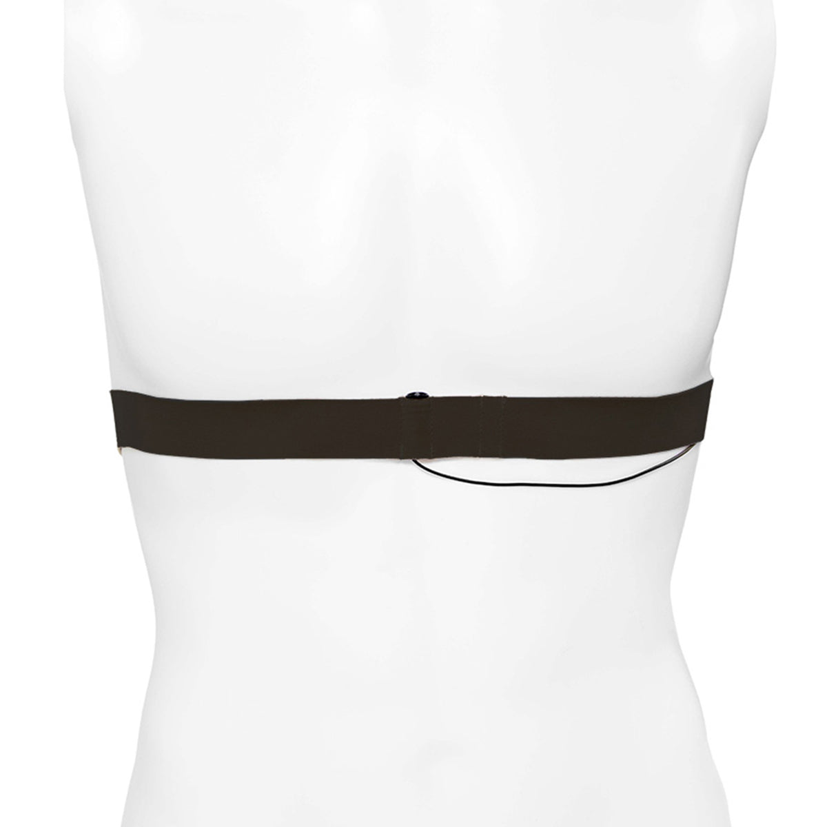 Black chest strap with adjustable fastener band on mannequin