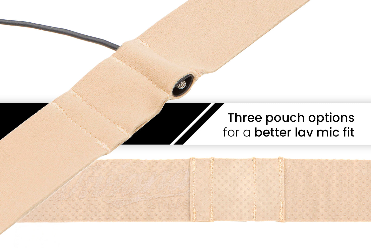 Beige adjustable lav mic strap with black grommet and pouch section