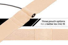 Beige adjustable lav mic strap with black grommet and pouch section