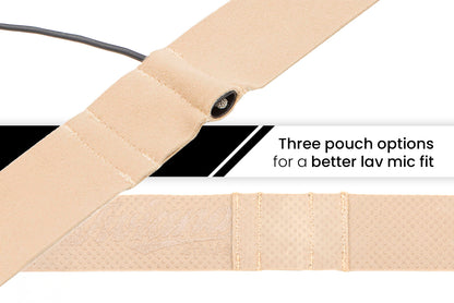 Beige adjustable lav mic strap with black grommet and pouch section