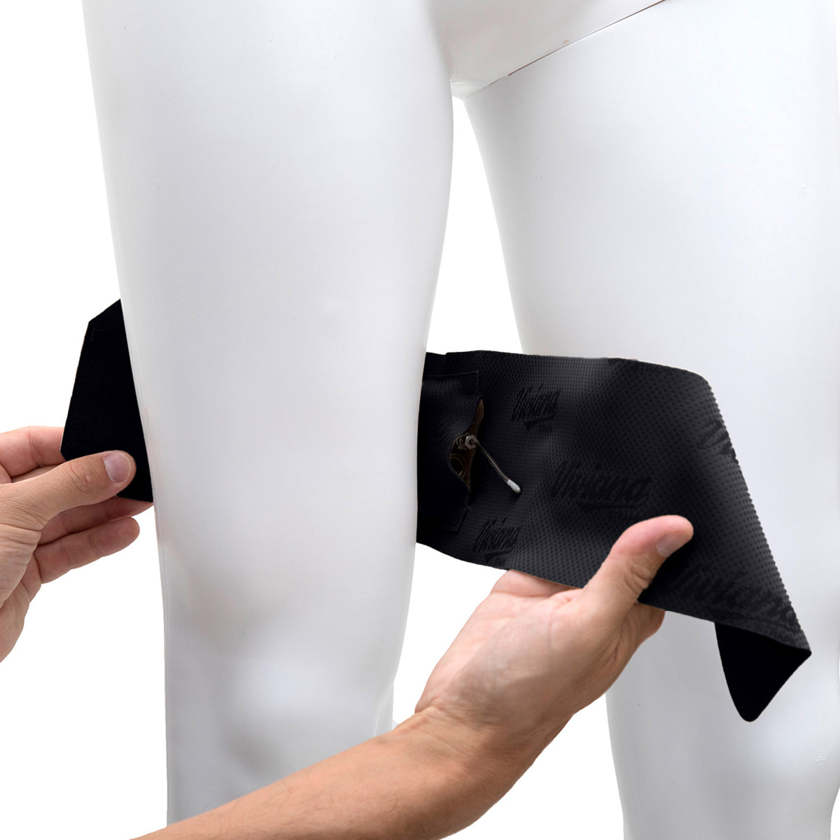 Black thigh strap pouch being adjusted on leg, with black cord and loop