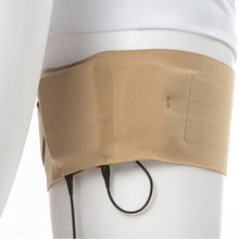 Beige thigh strap with black cords and pouch worn on upper leg
