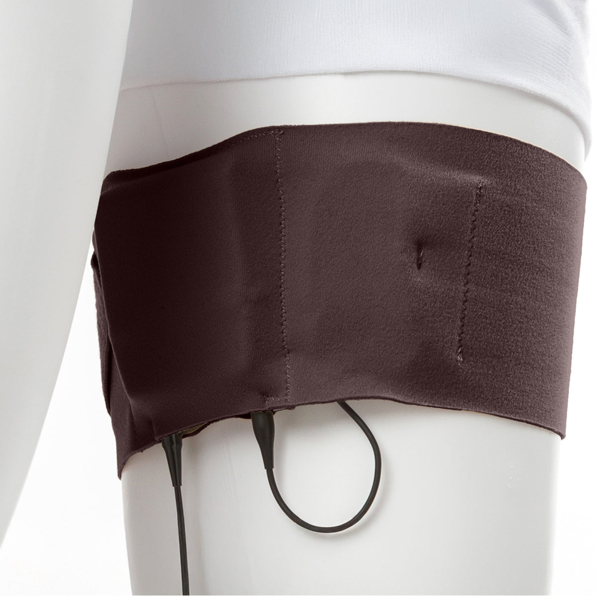 Brown thigh strap with black cord loop and visible stitching across the band