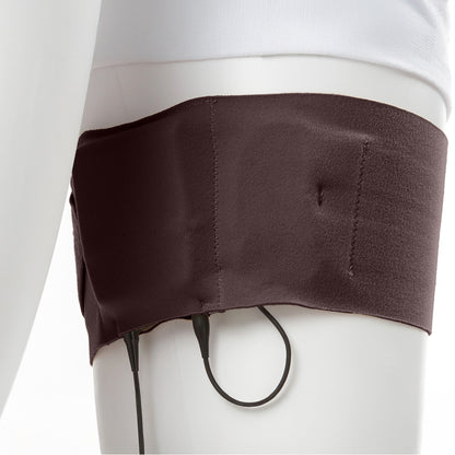 Brown thigh strap with black cord loop and visible stitching across the band