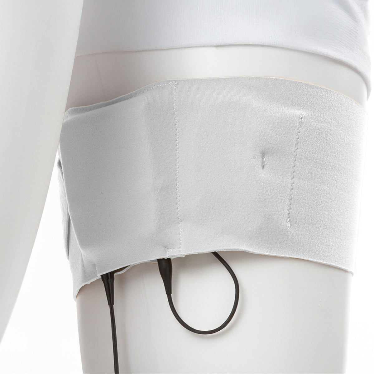 White thigh strap with black cord loop and stitching detail at hip level