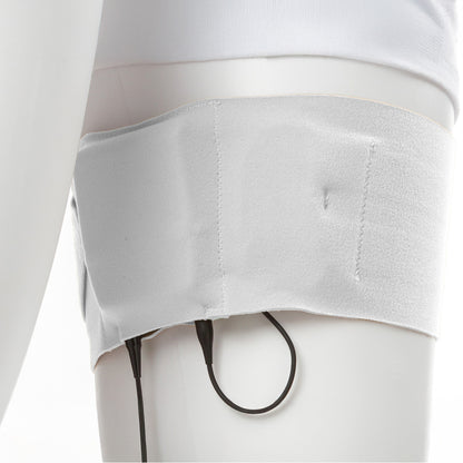 White thigh strap with black cord loop and stitching detail at hip level