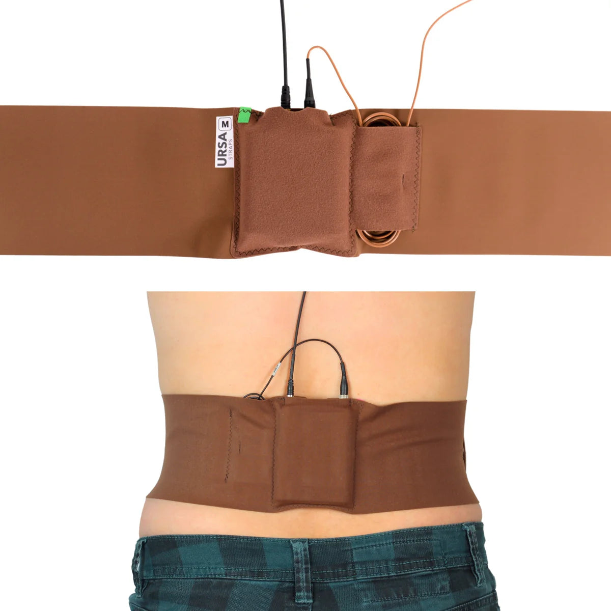 Caramel-brown waist strap pouch with adjustable cords and strap hardware