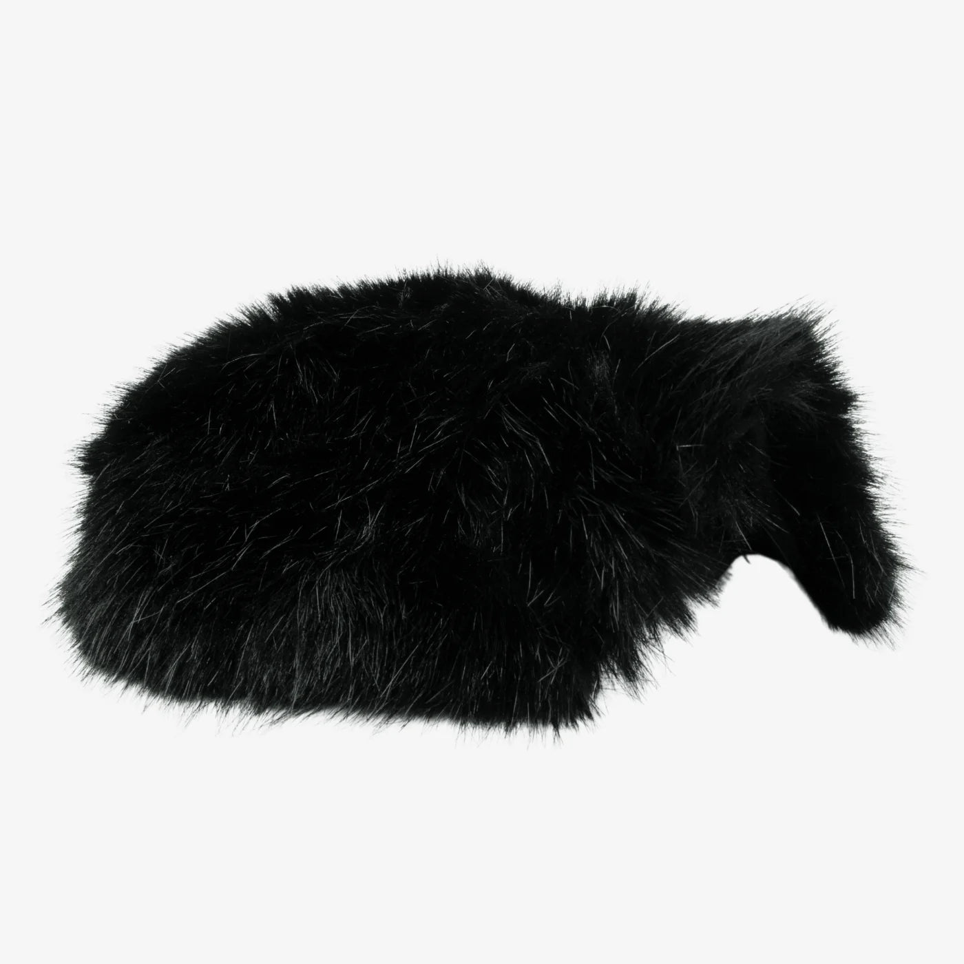 Black faux-fur microphone windscreen with curved shape and open side