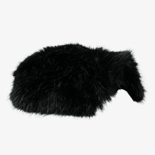 Black faux-fur microphone windscreen with curved shape and open side