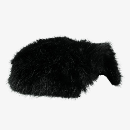Black faux-fur microphone windscreen with curved shape and open side