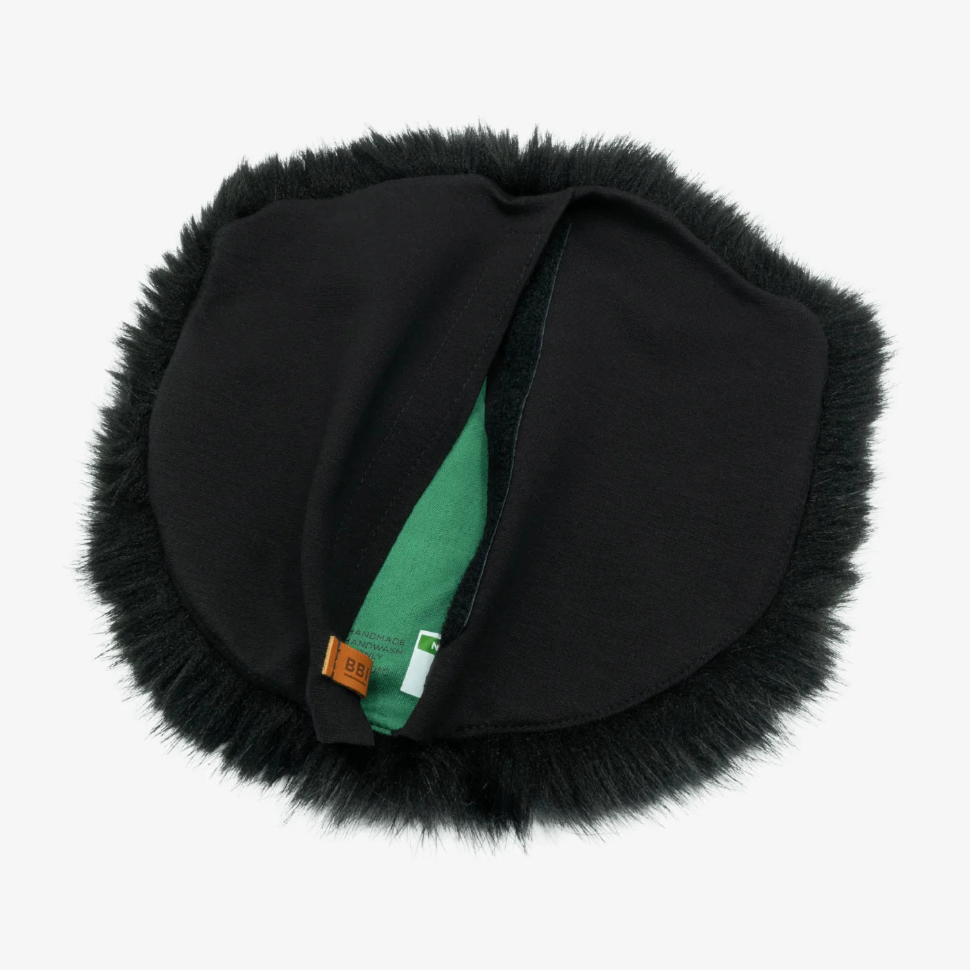 Black faux-fur microphone windscreen with green inner panel and centered seam