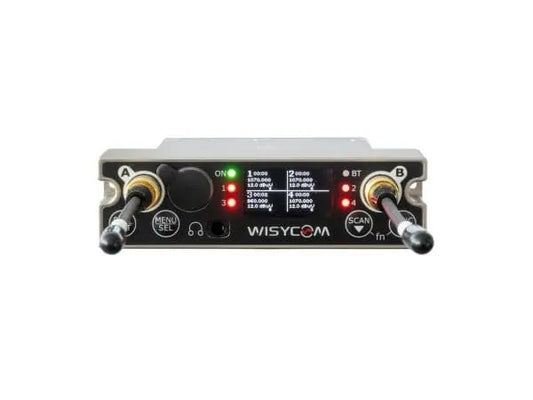 Wireless receiver front panel with buttons, LED indicators, and two control knobs