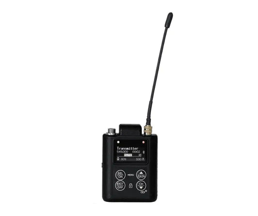 Black bodypack transmitter with antenna and front control buttons