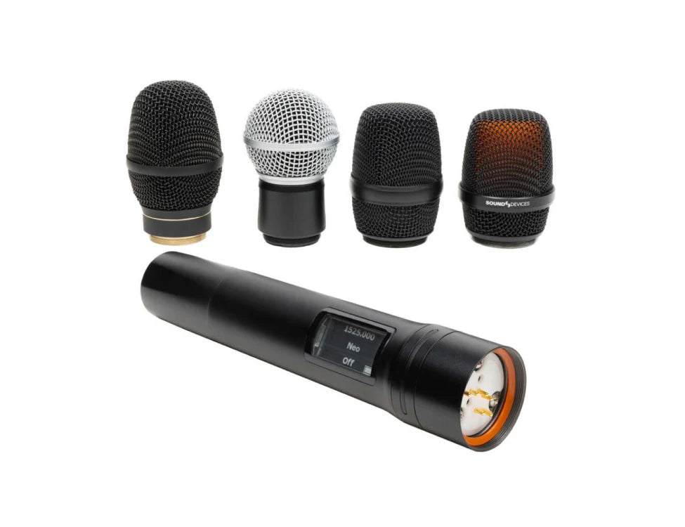 Handheld microphone with interchangeable mesh heads in black, white, and orange